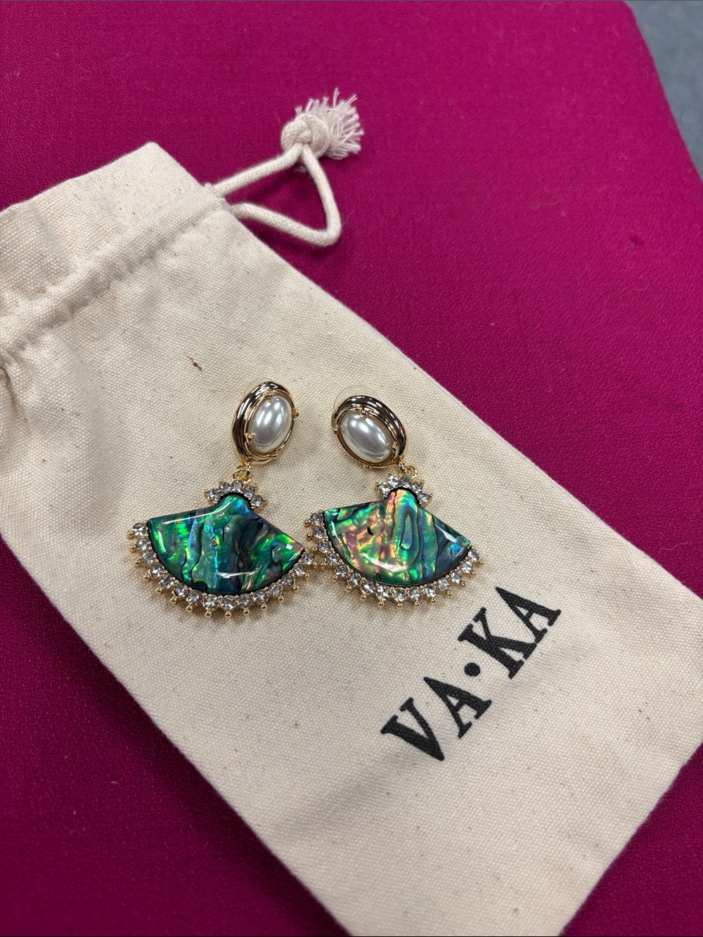 VAKA Abalone Fan Drop Earrings with Pearl and Crystal Accents - Green Iridescent